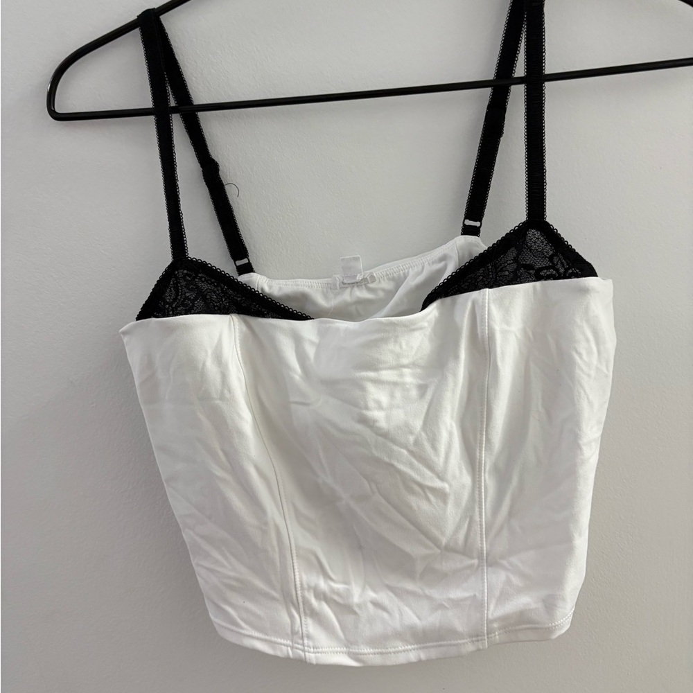 Garage White Cami with Black Lace Detail